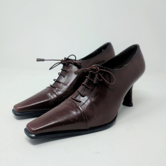 Stuart Weitzman Oxford Heels Shoes 5.5 Brown Square Toe - Picture 11 of 11
